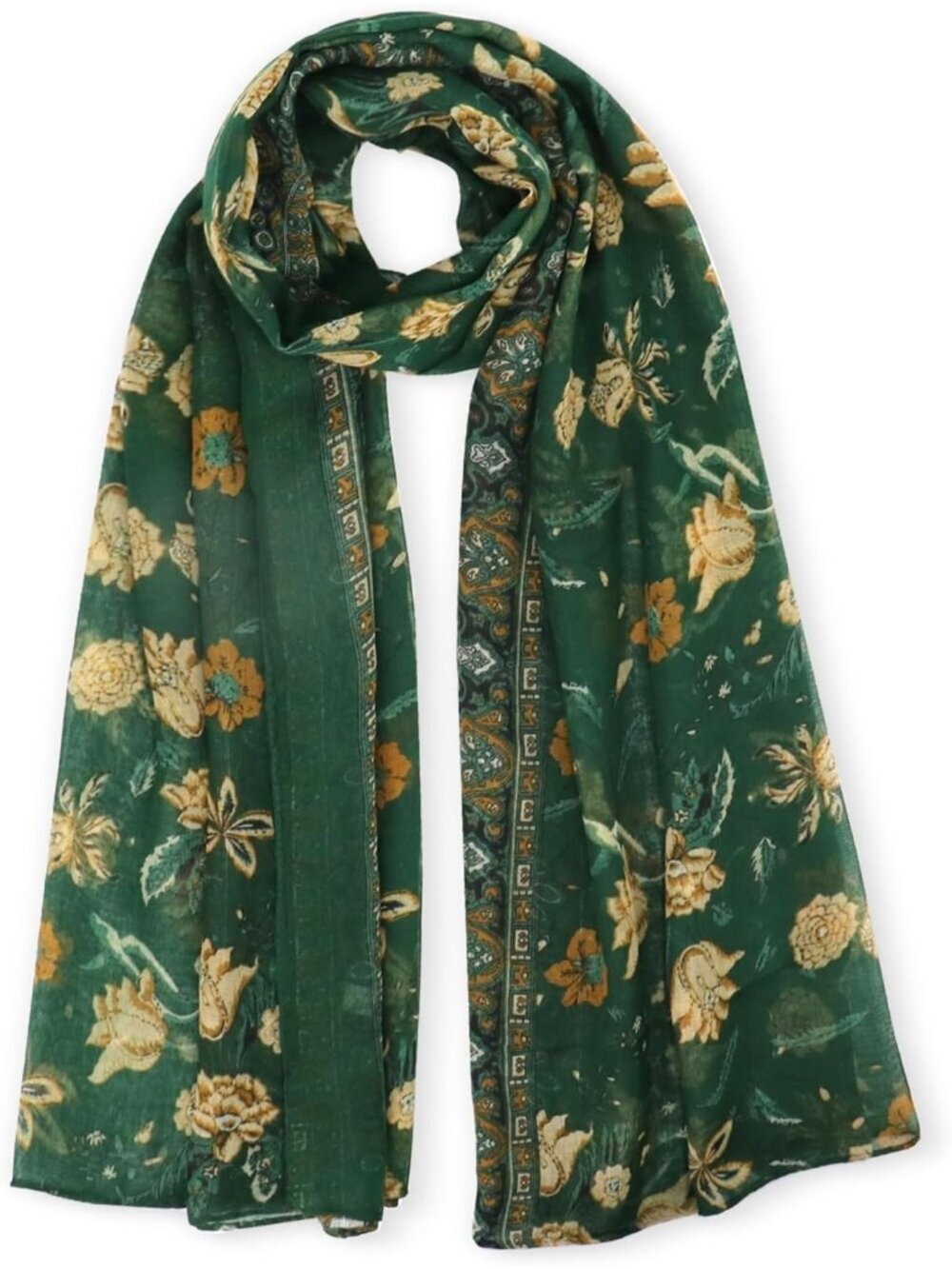 Women's Dark Green Flowers Hijab Cotton Voile Wrap for Spring Fall Scarf Shawl